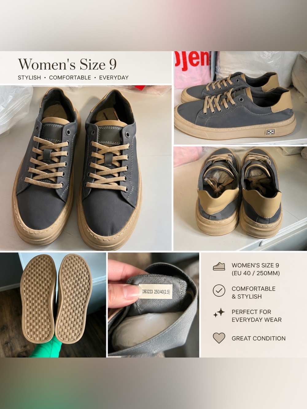 Women’s Gray & Beige Casual Platform Sneakers – Size 9 (EU 40)